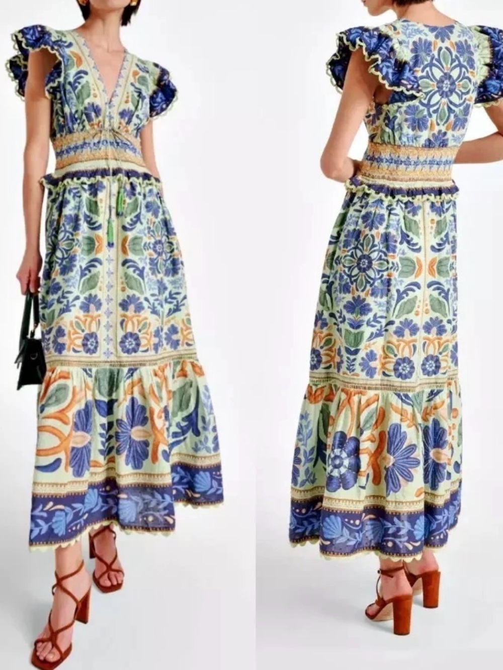 Farm Rio look a like! Smocked Waist Floral Maxi Dress in Blue, Green & Cream